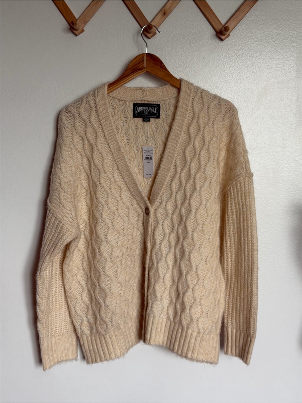 American Eagle Outfitters Cream Cable-Knit V-Neck Cardigan